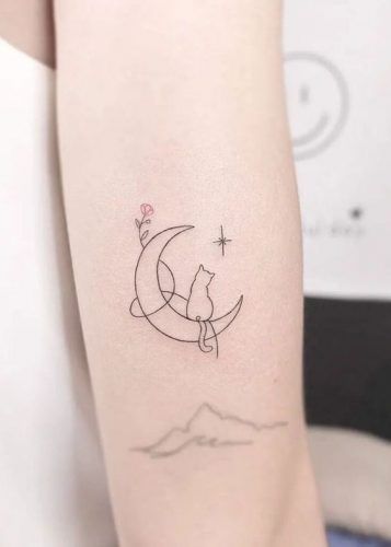 17 Line Art Cat Tattoo Ideas - besttattoo.wiki - Unveiling Exquisite Ink Art Cat Moon Tattoo Designs, Magic Cat Tattoo, Passed Cat Tattoo, Cat Memorial Tattoo Ideas, Tattoo Ideas Female Cat, Cat Couple Tattoo, Cat Space Tattoo, Luna Cat Tattoo, Ragdoll Cat Tattoo