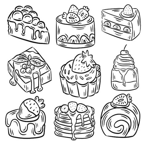 Pastry Coloring Page, Cute Cookie Illustration, Pastry Drawing Easy, 2024 Cakes Design, Patisserie Menu Design, Dessert Line Art, Cute Pastry Drawings, Cake Vector Illustration, How To Draw Desserts