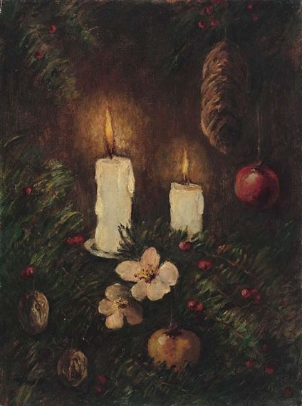 Artwork by Albert Lorey Groll, Christmas Tree Candles, Made of Oil on canvas board Christmas Painting Wallpaper, Victorian Christmas Wallpaper, Aesthetic Winter Painting, Christmas Wallpaper Painting, Dark Christmas Painting, Old Christmas Paintings, Christmas Tree Cozy, Candle Christmas Tree, Christmas Aesthetic Dark