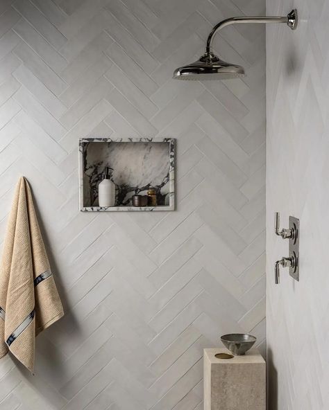 mandarin stone • Instagram White Herringbone Shower, Traditional Bathroom Tile, Stone Tile Bathroom, Small Bathroom Tiles, Mandarin Stone, White Wall Tiles, White Bathroom Tiles, Name Canvas, Stone Bathroom