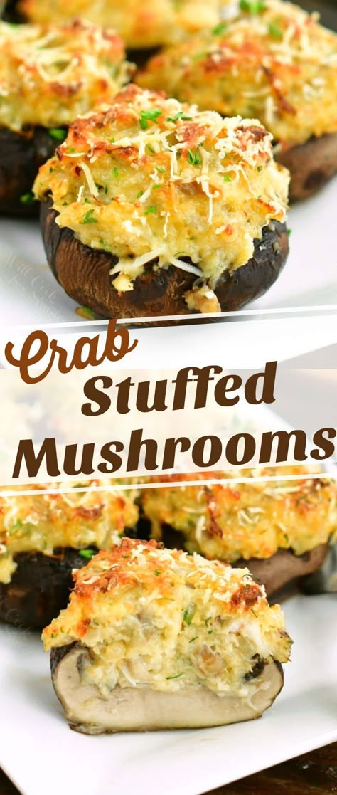 Amazing Crab Stuffed Mushrooms filled with a perfect combination of cream cheese, herbs, claw or lump crab meat, and grated Parmesan cheese.#appetizer #snack #partyfood #entertaining #crab #seafood #mushrooms #stuffedmushrooms Seafood Mushrooms, Mushroom Appetizer Recipes, Mushroom Appetizers, Crab Stuffed Mushrooms, Cheese Appetizer, Crab Stuffed, Lump Crab, Keto Lasagna, Stuffed Mushroom