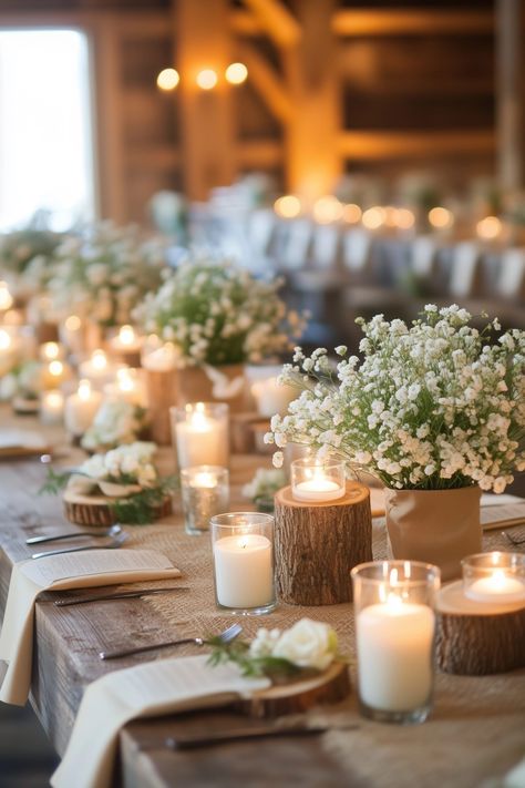 25 Affordable Rustic Wedding Table Decorations That Are Budget-Friendly Wedding Farm Table Decor, Wedding Food Table Decor, Farm Wedding Table, Wedding Table Decorations Rustic, Rectangle Wedding Tables, Table Decorations Rustic, Natural Rustic Wedding, Diy Centerpieces Wedding, Boho Wedding Food