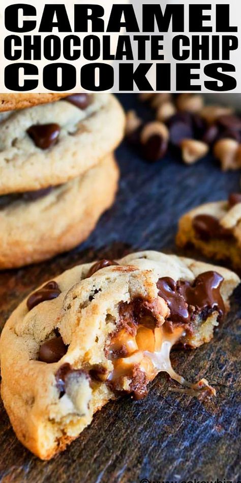 CARAMEL CHOCOLATE CHIP COOKIES RECIPE- Quick, easy, soft, chewy stuffed cookies, homemade with simple Ingredients. Stuffed with salted caramel in the centre. Best snack or dessert for Christmas holidays and cookie exchange. From CakeWhiz.com #cookies #dessert #baking #chocolate #caramel #chocolatechipcookies #christmas #snack Dessert For Christmas, Quick Cookies Recipes, Cookies Homemade, Caramel Chocolate Chip Cookies, Stuffed Cookies, Christmas Snack, Cookie Recipes Unique, Baking Chocolate, Desserts Vegan