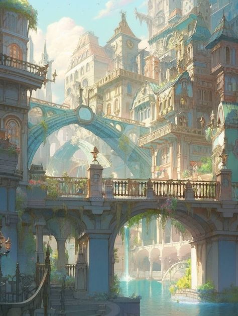 Kingdom Landscape Art, Fantasy City On Water, Light Fantasy Kingdom Aesthetic, Fantasy City Art Cityscapes, Fantasy Palace Concept Art, Crystal Palace Fantasy Art, Water Village Fantasy Art, Glass City Fantasy Concept Art, Fantasy City Design