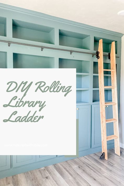 Library Ladder Pantry, Library Bookcase Diy, Library Bookshelf With Ladder, Library Room Ideas Small, Diy Sliding Library Ladder, Ladder On Bookshelf, Library Ladder In Pantry, Office With Library Ladder, Book Wall With Ladder