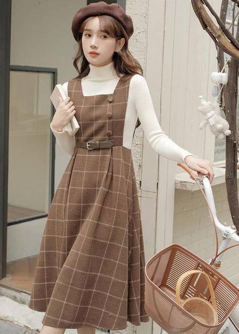 Belted Plaid Pinafore Dress (3 Colors) Wool Pinafore, Academic Chic, Dark Academia Dress, Academia Dress, Sweater Square, Cottage Fashion, Midi Pinafore Dress, Academic Style, Dti Theme