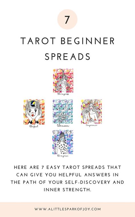 There are many types of tarot spreads and it is not only interesting and fun to work with them but they can also give you helpful answers in the path of your self-discovery and inner strength. You may be surprised with new perspectives that you have not considered before. In this article, you can find 7 super easy tarot spreads for beginners and advanced readers to practice, have fun, and hopefully get answers:) #tarotspreads #tarot #learntarot Popular Tarot Spreads, Tarot For Self Discovery, Different Types Of Tarot Spreads, How To Set Up Tarot Cards, Practice Tarot Spreads, Tarot Deck Spreads, Classic Tarot Spreads, 9 Card Tarot Spread, 7 Card Tarot Spread