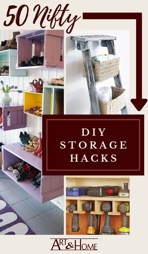 These clever and creative DIY storage ideas will help you maximize your space and minimize the clutter in your home by giving you a place to store things until they are needed. #Storage #Organization #Cleaning #Home #HomeHacks https://artandhome.net/diy-storage-ideas/ Diy Easy Storage Ideas, Diy Storage And Organization, Diy Wall Storage Ideas, Diy Storage Tower, Diy Hanging Storage, Diy Wall Storage, Vertical Storage Ideas, Diy Storage Coffee Table, Ikea Cubbies