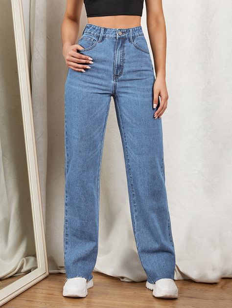 Medium Wash    Denim Plain Straight Leg  Non-Stretch  Women Denim Outfits Shein Fashion Styles, Wide Leg Denim Outfit, Wash Jeans Outfit, Straight Jeans Outfit, Straight Leg Jeans Outfits, Mode Hijabi, Moda Denim, Jeans Outfit Women, Jeans Claro