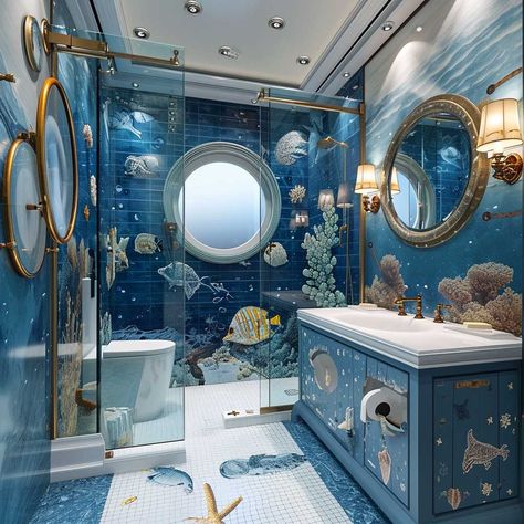 Little Mermaid Bathroom, Under The Sea Bathroom, Luxury Powder Room, Explorer Theme, Iridescent Tile, Fairytale Decor, Mermaid Bathroom, Childrens Bathroom, House Bathrooms