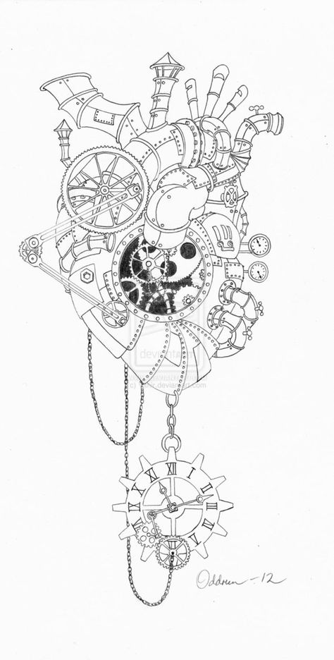 Steampunk Drawings, Steampunk Tattoos, Steampunk Drawing, 천사와 악마, Steampunk Coloring, Steampunk Tattoo, Heart Line, Steampunk Artwork, Steampunk Ideas