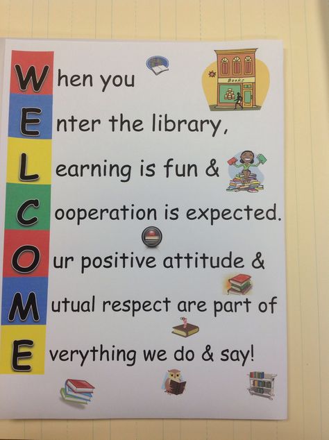 A welcome poster for the library. Library Opening Poster, Welcome To Library Poster, Library Display Ideas School, Bookmobile Ideas, Library Rules Poster, Welcome To The Library, Library Artwork, Creative Library, Basic Drawing For Kids