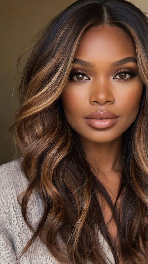 How to Achieve Balayage This Fall? 🍁 Blonde Highlights On Dark Hair Dark Skin, Black Women Brown Highlights, Hair Color Ideas For Light Skin Tones Black Women, Mixed Brown Hair, Mocha Brown Hair With Highlights Caramel, Balayage Hair Tan Skin, Highlights For Curly Hair Natural Curls Ombre Dark Brown Black, Dark Brown Weave, Fall Weave Hair Color Black Women