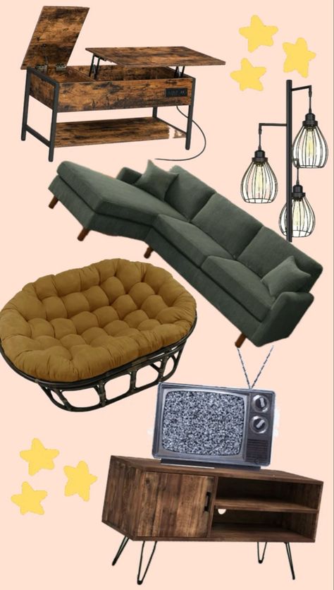 Cute living room idea inspo with double papasan mustard yellow chair, corduroy dark sage green couch, dark wood and metal tv stand and coffee table, and a cute cute lamp. Mustard Yellow Chair, Sage Green Couch, Cute Living Room Ideas, Cute Lamp, Metal Tv Stand, Dark Sage Green, Earthy Living Room, Cute Living Room, Green Couch