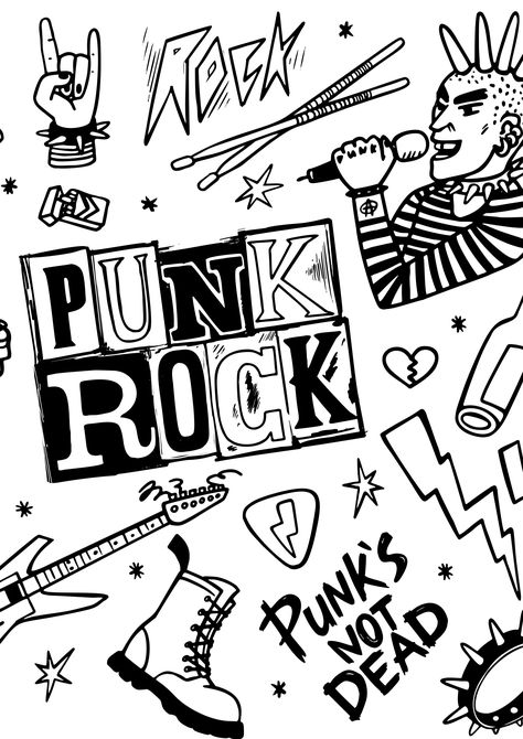 2 Printable Coloring Pages-Punk Rock Music, Guitar Bank, Heavy Metal Rock Coloring Pages pdf -All Ages, Adults by HartfordHustlePrints on Etsy Punk Art Drawings, Punk Doodles, Punk Tattoo Ideas, Band Artwork, Punk Drawing, Emo Tattoos, Art Punk, Music Doodle, Rock Logo