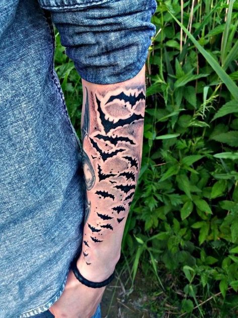 Bats Forearm Tattoo, Bat Swarm Tattoo, Bat Flying Tattoo, Bat Tattoo Ideas Men, Bat Half Sleeve Tattoo, Bats Tattoo Arm, Bat Tattoos Men, Bat Tattoo Forearm, Bat Tattoo Sleeve