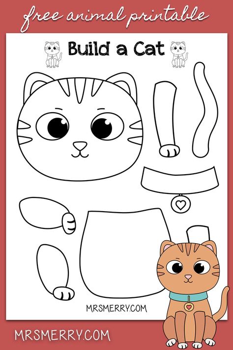 Build a little kitten with our free build-a-cat craft. This 1-page print out will keep your kids busy and entertained. #freekidsprintables #indooractivitiesforkids #prekactivitiesathome #googleclassroom #buildacat #buildadog #kindergartencrafts #keepkidsbusy #buildactivitiesforkids #mrsmerry Cat Crafts Preschool, Puppy Crafts, Pets Preschool Theme, Cat Template, Kindergarten Art Projects, Cat Activity, Printables Free Kids, Free Printable Art, Animal Crafts For Kids