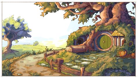 Lord Of The Rings The Shire, Hobbiton Illustration, The Shire Illustration, Hobbiton Art, Hobbit House Drawing, Hobbit House Illustration, Lotr Desktop Wallpaper, Hobbit Hole Drawing, Middle Earth Illustration