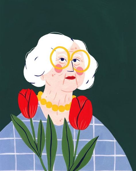 Gouache Portrait Illustration, Cute Portrait Illustration, Feminine Character Design, Illustration On Photo, Grandma Illustration, Tulip Illustration, Mom Illustration, Character Design Disney, Drawing Gouache