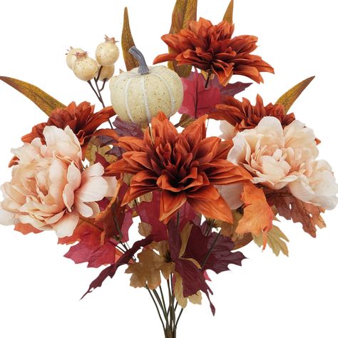 PRICES MAY VARY. Autumn-themed decor: Fall flowers artificial for decoration are made up of orange dahlias, champagne-colored peonies, pumpkins and berries, with some maple leaves at the bottom. Both the flowers and colors are full of autumn atmosphere. What you'll get: a bunch of cemetery flowers fall colors inside the package, about 19.29 inches tall, with 12 stems and a flower head about 4-6 inches in diameter. It is made of high quality silk cloth, full and round flowers, rich colors, realis Fall Cemetery Arrangements, Fall Flower Arrangements For Church, Fall Flower Arrangements For Home, Fall Cemetery, Flowers For Grave, Orange Dahlias, Round Flowers, Fall Pumpkin Decor, Grave Flowers