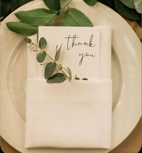 13 Ways to Fold a Napkin Wedding Place Settings Eucalyptus, Napkins With Rosemary Sprig Wedding Place Settings, Thank You Cards On Table At Wedding, Thank You Card At Wedding Reception, Thank You Cards For Wedding Table, Wedding Table Thank You Cards, Thank You Table Decorations, Eucalyptus Place Setting, Napkin Folding Ideas Wedding Menu Cards