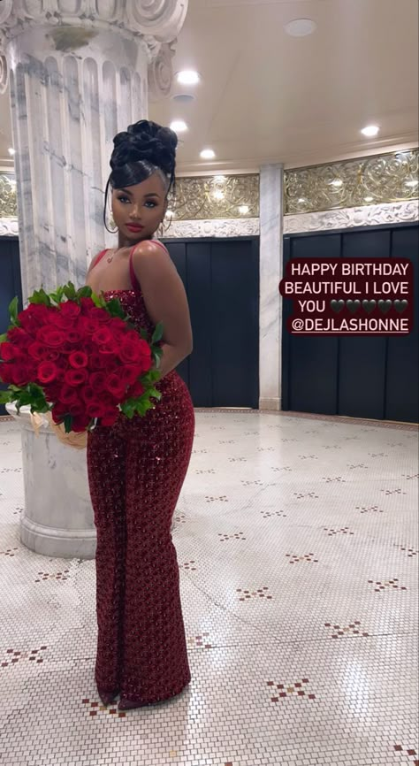 Black Classy Outfit Black Women, Grown And Classy Birthday Photoshoot, Birthday Outfit For 22nd Birthday, 19 Th Birthday Outfit, Red Dresses On Black Women, Birthday Party Ideas For Adults Women, Red 18th Birthday Dress, Red Birthday Dresses For Black Women, Birthday Photoshoot Long Dress