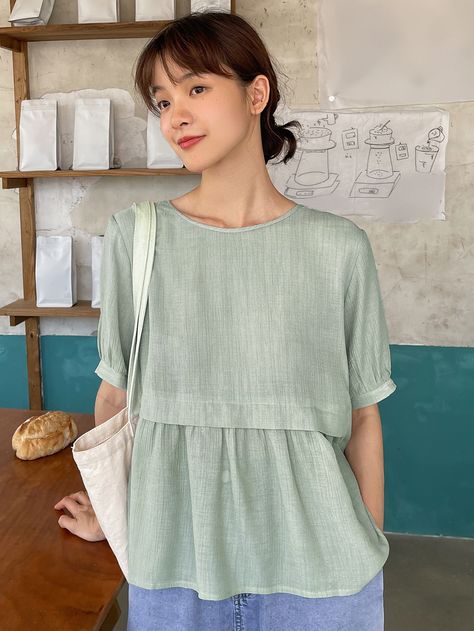 Green Casual Collar Short Sleeve Rayon Plain Peplum Embellished Non-Stretch  Women Tops, Blouses & Tee Couture, Modest Blouse Designs, Boho Blouse Pattern, Woman Blouse Fashion, Blouse Simple, Blouse Peplum, Costura Fashion, Blouse Back Neck Designs, Peplum Tops