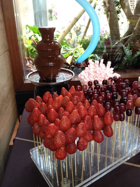 chocolate fondue- have fruits and yummies already speared with kabob skewers. Chocolate Fountain Bar, Kabob Skewers, Fondue Party, Chocolate Fountain, Fruit Skewers, Fondue Recipes, Fruit Bar, Fruit Display, Chocolate Party