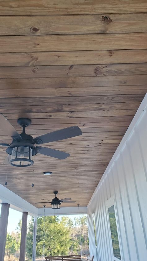 Porch Ceiling Ideas Exposed Beams, Stained Patio Ceiling, Porch Ceiling Wood Planks, Screen Porch Remodel, Mobile Home Exterior Decor, Back Porch Wood Ceiling, Small Porch Renovation, Wood Under Front Porch Ceiling, Wood Panel Porch Ceiling