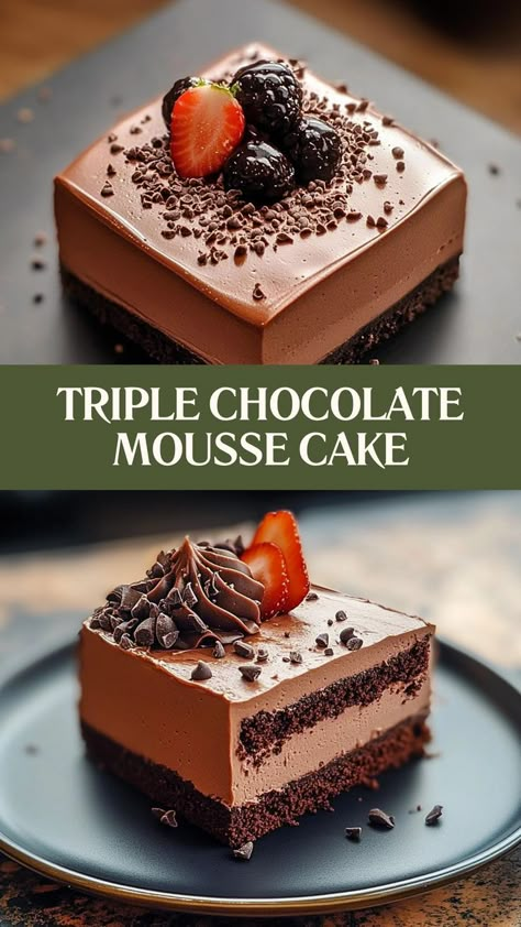 Indulge in the ultimate chocolate lover's dream with this Triple Chocolate Mousse Cake—a luxurious, layered delight of velvety mousse, rich chocolate, and pure decadence in every bite! 🍫🍰✨ #TripleChocolateDelight #ChocolateMousseCake #LayeredPerfection #DecadentDesserts #ChocoLoversDream #RichAndVelvety #CakePerfection #DessertGoals #ChocoholicsUnite #LuxuriousTreat 🍫 Triple Chocolate Mouse Cake, Mini Chocolate Mousse Cake, Chocolate Cherry Mousse Cake, Chocolate Mousse With Gelatin, Impressive Dessert Recipes, Mousse Cake Ideas, Chocolate Desert Recipes, Chocolate Torte Recipe, Chocolate Mousse Recipes