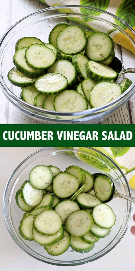 This cucumber vinegar salad is easy to make and absolutely delightful! It's fresh-tasting and pairs well with any main course you can think of. Cucumber Salad Recipes Vinegar, Easy Cucumber Salad Vinegar, Cucumber And Vinegar, Cucumbers And Vinegar, Fresh Cucumber Recipes, Cucumber Vinegar Salad, Quick Cucumber Salad, Vinegar Cucumber Salad, Cucumber Vinegar