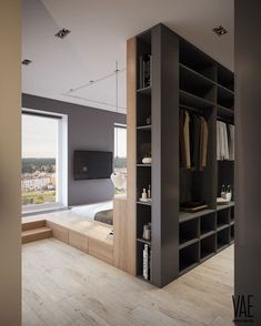 Sienas malas funkcionāls dizains Closet Behind Bed, Bedroom Divider, Apartemen Studio, Koti Diy, Walk In Closet Design, Interior Design Per La Casa, Open Closet, Floating Bed, Bedroom Closet Design