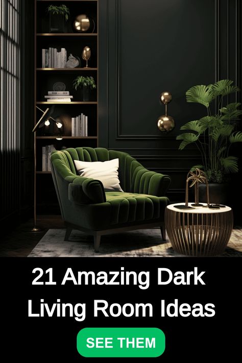 Explore 21 stunning dark living room ideas to add a touch of elegance and sophistication to your home decor. From bold accent walls to moody color palettes, these designs will inspire you to create a cozy and stylish space. Whether you prefer modern or traditional aesthetics, there's a dark living room idea for every taste. Transform your living room into a chic retreat with these amazing design inspirations! Dark Green Walls Black Furniture, Green Velvet Chair Living Room Ideas, Dark Green Industrial Living Room, Black Wall Green Couch, Green Sofa Black Wall, Green Couch Black Wall, Moody Living Room Green Walls, Dark Green Cinema Room, Dark Wall Aesthetic