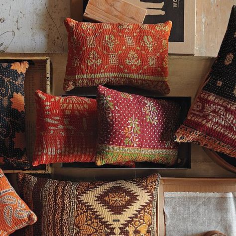 Rough Luxe Fashion-The Art of Kantha - Cindy Hattersley Design Quilted Pillow Covers, Rough Luxe, Kantha Work, Cozy Interior, Quilted Pillow, Global Style, Kantha Quilt, Luxe Fashion, West Elm