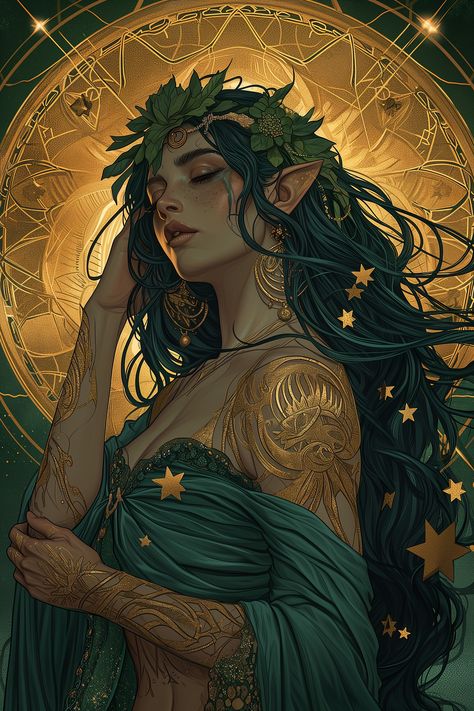 ArtStation - Elenath, Goddes of the Stars, Pablo Rhyal Fae Woman, High Fae, Greek Goddess Art, Nature Goddess, Female Elf, Elf Art, Queen Art, Dnd Art, Goddess Art