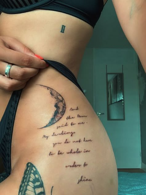 Discover the allure of Moon phase tattoos. We will explore the best designs and insights on choosing the ideal placement. Tattoos With The Moon, Poems For Tattoos, Cute Word Tattoos For Women, Poem Tattoos Women, Tattood Bodies Woman, Moon Tattoo With Quote, Moon Back Tattoo Women, Moon Related Tattoos, Woman Moon Tattoo