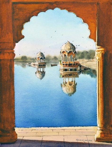 View In My Room Rajasthani Watercolor Painting, Indian Village Painting Landscapes, Painting Ideas Indian Art, Rajasthan Landscape, Small Landscape Paintings, Rajasthan Architecture, Rajasthan Jaisalmer, Rajasthan Painting, Guache Art