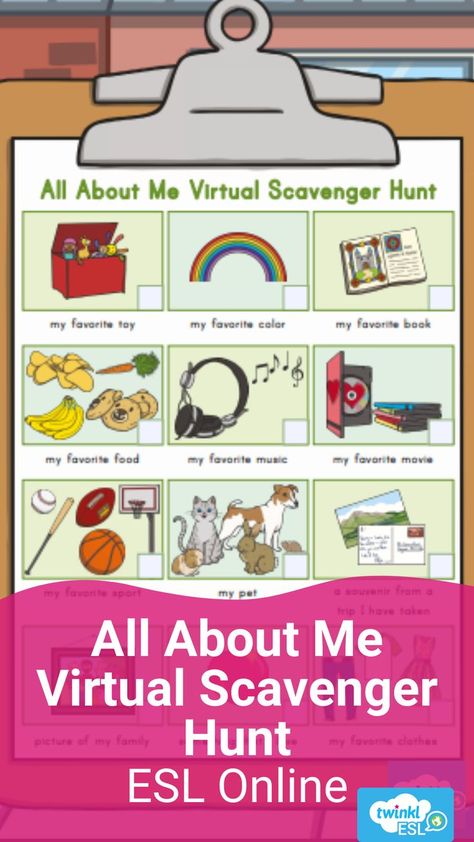 Online scavenger hunt game for virtual ESL. This is a great English getting to know you or icebreaker game to play with your new students! Virtual Scavenger Hunt, Online English Teaching, Get To Know You Activities, Scavenger Hunt Games, English Teaching Resources, How To Motivate, Virtual Classroom, Kindergarten Class, Ice Breaker