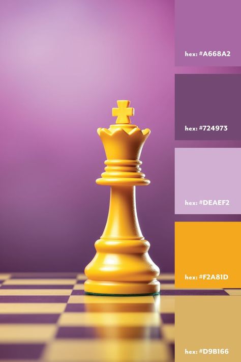 A purple and yellow color palette from a photo of a chess piece on a chess board. Purple Yellow Color Palette, Purple And Yellow Color Palette, London City View, Logo Design Color Palette, Yellow Color Palette, Yellow Palette, Color Palette Living Room, Purple Palette, Purple Color Palettes