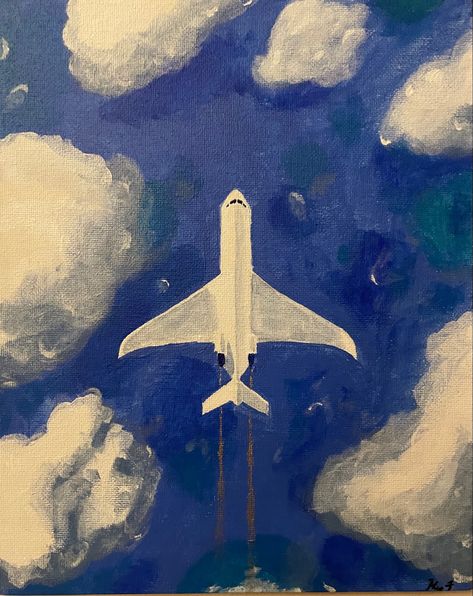 Acrylic plane paining soaring in the sky with a gold trail surround by fluffy clouds Beautiful View Painting, Travel Oil Painting, Plane Spotting Aesthetic, Acrylic Realistic Painting Ideas, Travel Drawing Aesthetic, Travel Acrylic Painting, Plane Painting Easy, Plane Aesthetic Drawing, Travel Aesthetic Painting