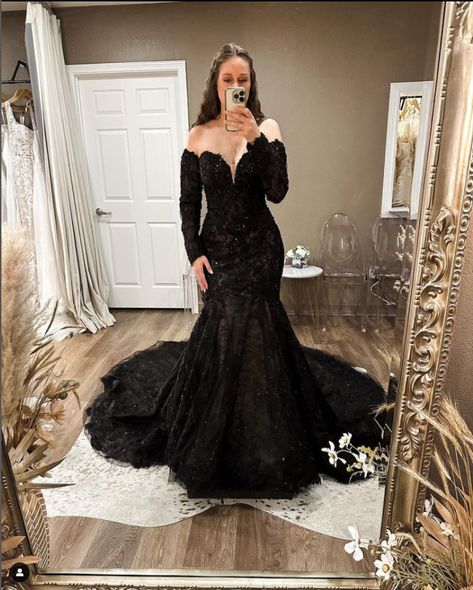 Black Wedding Dresses Trumpet, Black Lace Over White Wedding Dress, Black Sleek Wedding Dress, Black Theme Wedding Decor, Gothic Mermaid Wedding Dress, Black Wedding Mermaid Dress, Black Lace Mermaid Wedding Dress, Sparkly Black Wedding Dress, Emo Wedding Suit