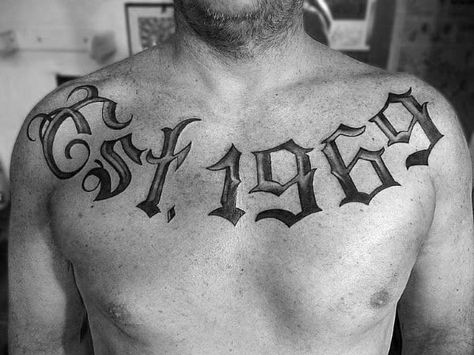 Guys Old Font Est 1969 Tattoo On Upper Chest Est 1999 Tattoo, Chest Tattoo Stars, Est Tattoo, 1999 Tattoo, Est Tattoos, Est. Tattoo, Lion Chest Tattoo, Traditional Chest Tattoo, Rose Chest Tattoo