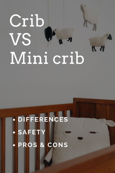 Wondering what the difference is between a full size crib vs a mini crib? Here's a breakdown of all the differences and similarities, safety concerns, and the pros and cons of using a mini crib vs a regular crib. Crib And Bed In One Room, Two Crib Nursery, Small Cribs For Small Spaces, Nursery With Mini Crib, Mini Crib In Master, Crib In Closet, Nursery In Parents Room Small Spaces, Mini Crib Nursery Small Spaces, Mini Crib Vs Standard Crib