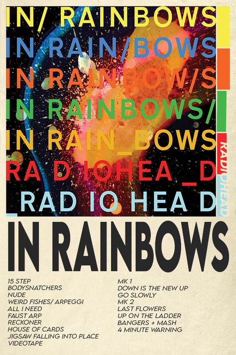 Radiohead Poster In Rainbows, Radiohead Poster Prints, Radiohead Poster Vintage, In Rainbows Radiohead, Poster Radiohead, Vintage Poster Design Retro, Slipknot Songs, Radiohead In Rainbows, Radiohead Poster