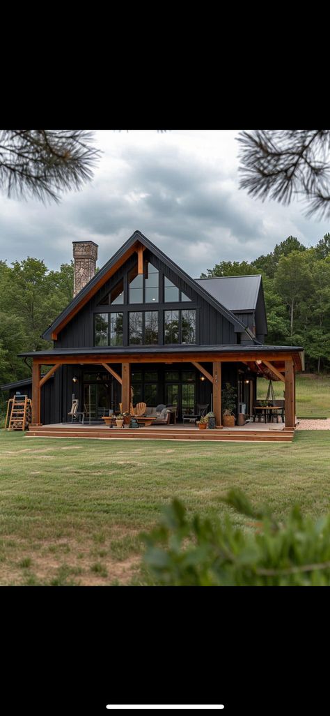 Old Farmhouse Barndominium, Dark House With Cedar Accents, Small Black Barndominium Ideas, Exterior Cabin Design, Brick And Metal House, Barndominium Black Exterior, Black House With Wrap Around Porch, Dark Barndominium Ideas, Black Barnodium Homes