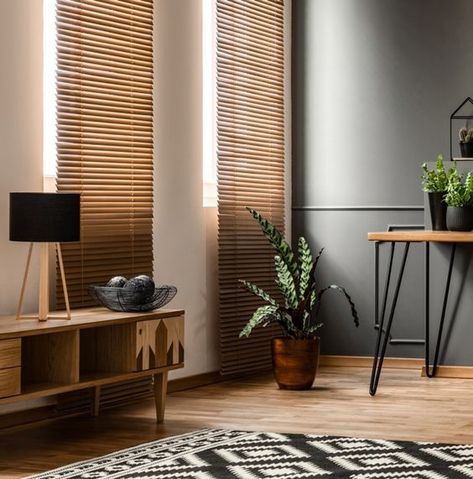 Wood Blinds For Windows Kitchen, Wooden Blinds Living Room, Wood Blinds Living Room, Blinds Modern, Industrial Lounge, Blinds For Windows Living Rooms, Shutters Window, Wooden Curtain, Painted Living Room Furniture