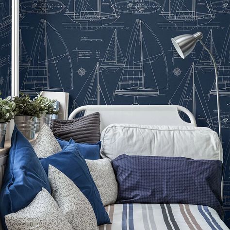 Sail the seas with this rich navy blue nautical design. Sailing boat and yacht diagrams are intricately drawn in crisp white lines. Perfect for adding coastal style to your interiors. Marine Bedroom Ideas, Sailing Bedroom, Seaside Cottage Aesthetic, Nautical Guest Bedroom, Nautical Interior Design, Nautical Office, Sailing Decor, Nautical Interior, Nautical Bedroom