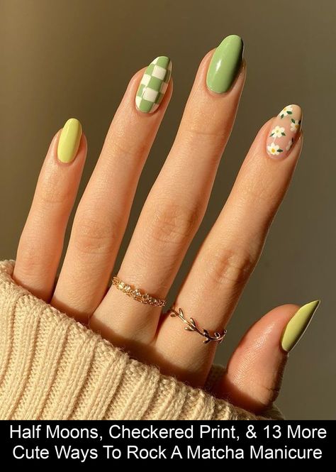 Nail artists share 15 green matcha nail art ideas, including French tips, checkered print, and asymmetrical designs. Matcha Nail Design, Matcha Nail Art, Matcha Nail, Matcha Nails, Nail Pics, Green Matcha, Half Moons, Green Nail Designs, Green Nail