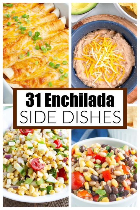 Looking for a side dish for enchiladas? I have gathered 31 delicious and simple enchilada side dishes for you to enjoy. All of these recipes are easy to make and the perfect side for your enchilada dinner. Be sure to save this pin and click over for all of the recipes. Enjoy! Chicken Enchilada Side Dish, Sides For Enchiladas Dishes, Chicken Enchiladas Side Dishes, Sides To Go With Chicken Enchiladas, Side Dishes For Mexican Casserole, What To Eat With Enchiladas, Salad With Enchiladas, Side With Enchiladas, Chicken Enchilada Sides