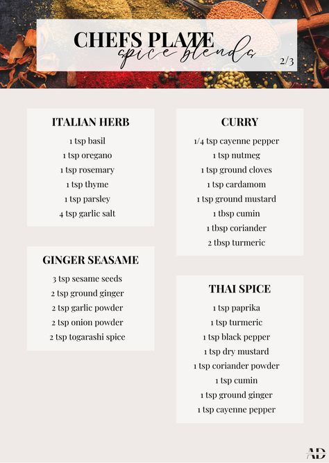 Chefs Plate Spice Blends 2/3 Chefs Plate Spice Blends, Thai Seasoning Blend, Curry Spice Blend, Cooking Mistakes, Thai Seasoning, Spice Chart, Asian Seasoning, Thai Spices, Spice Combinations